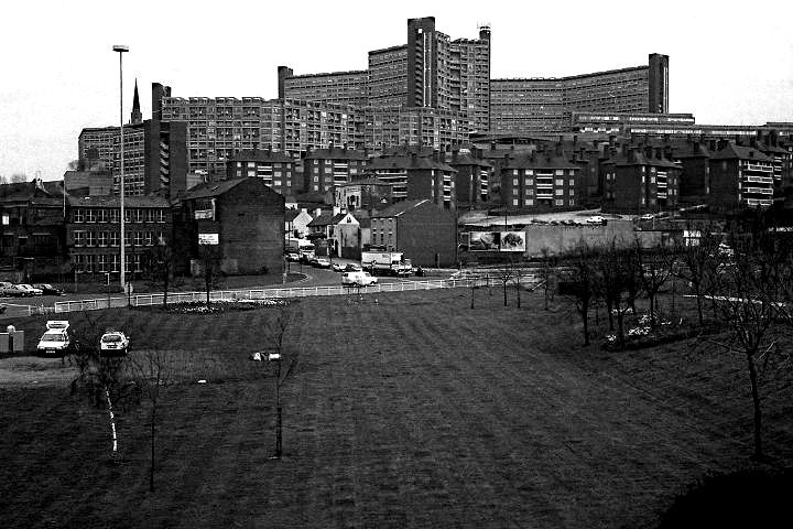 Hyde Park flats from Park Square roundabout, Sheffield, 1987