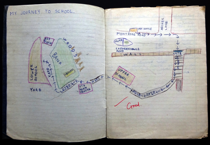A map of my route to school from a Geography exercise book, 1978